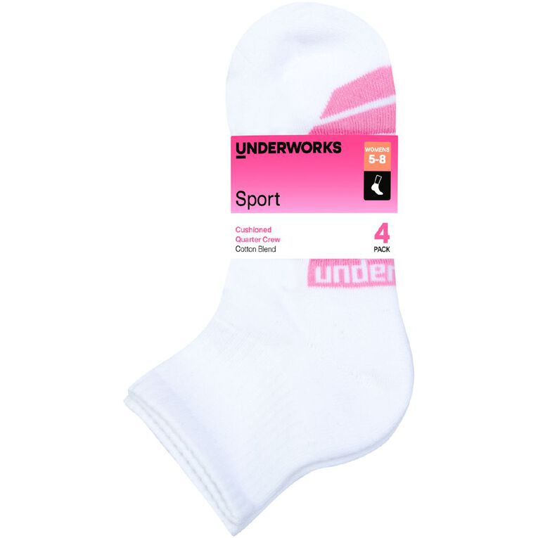 Underworks Women's Quarter Crew Sport Socks 4 Pack, White, hi-res
