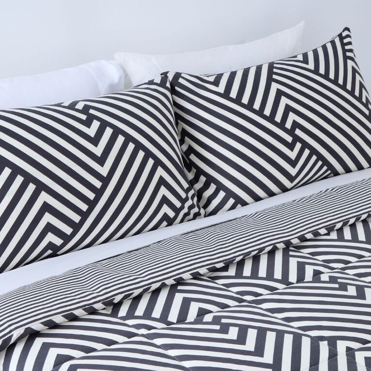 Living & Co 3 Piece Comforter Set Chevron Grey Queen, Grey, hi-res