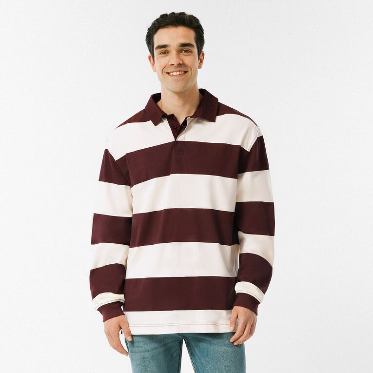 H&H Men's Stripe Rugby Polo, Burgundy, hi-res
