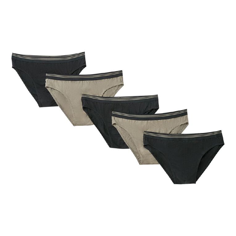 H&H Men's Attached Elastic Plain Briefs 5 Pack, Green/Black, hi-res