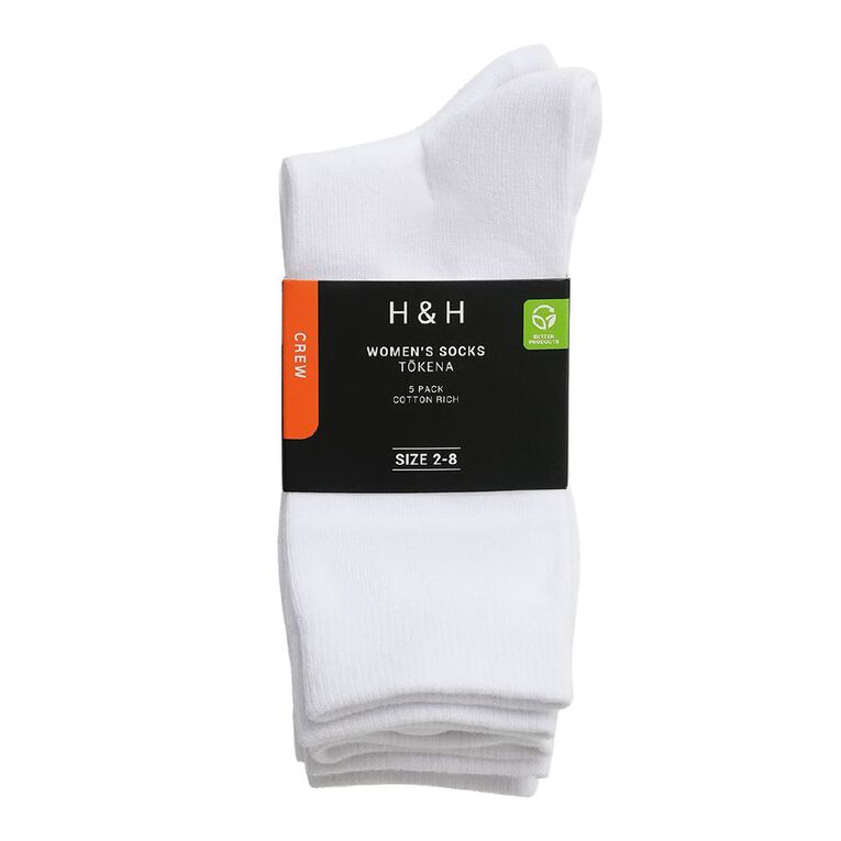 H&H Women's Plain Crew Socks 5 Pack, White, hi-res