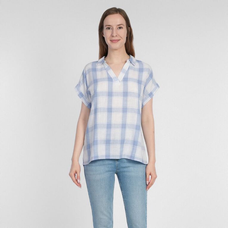 H&H Women's Short Roll Sleeve Linen Blend Blouse, Blue Light, hi-res