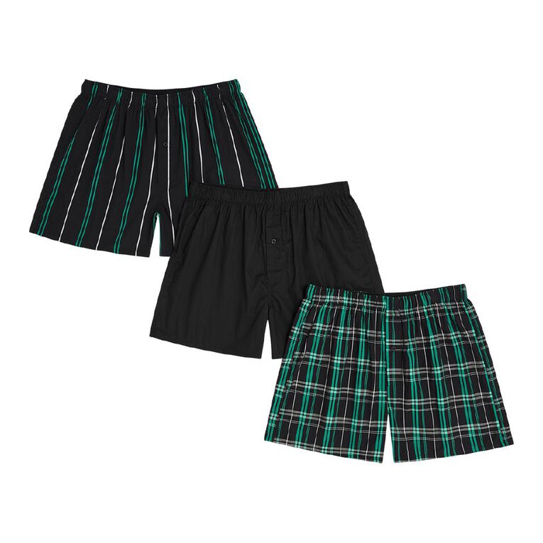 H&H Men's Woven Boxers 3 Pack, Black/Green, hi-res