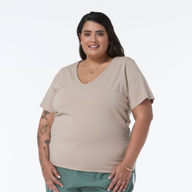 H&H Plus Women's Curve Short Sleeve Vneck Contour Tee, Grey Light, hi-res