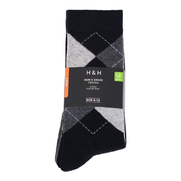 H&H Men's Business Crew Patterned Socks 5 Pack, Black/Grey W25 Mixed, hi-res