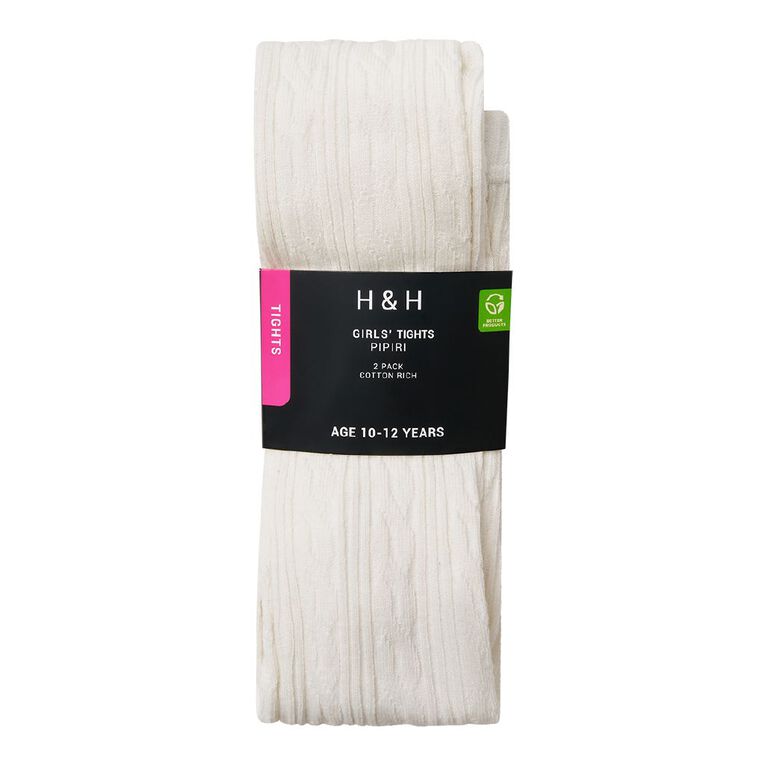 H&H Girls' Cable Tights 2 Pack, Cream, hi-res