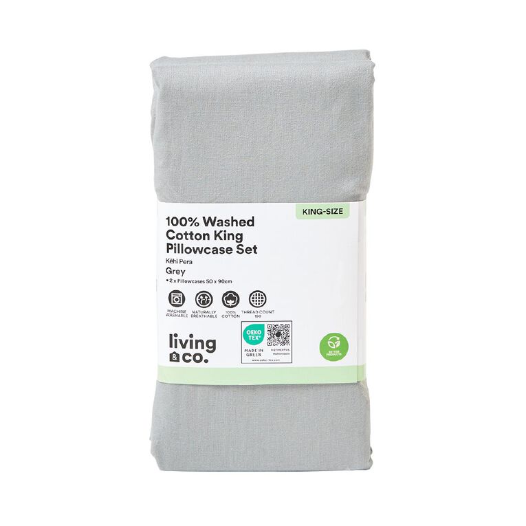 Living & Co 100% Washed Cotton King 2 Pack Pillowcase Grey 50cm x 80cm, , hi-res