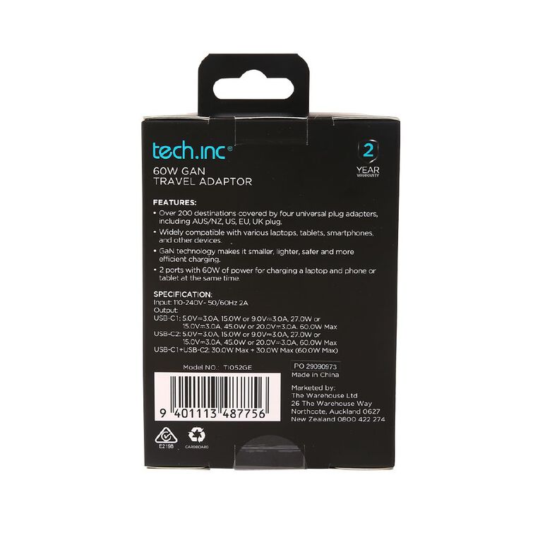 Tech.Inc 60W Gan Travel Adaptor White, , hi-res