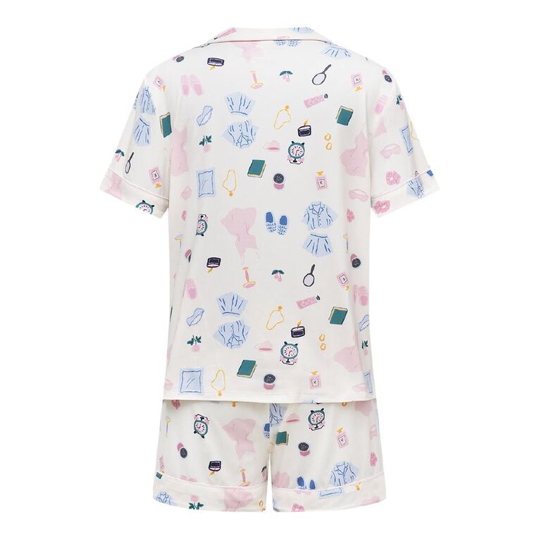 H&H Women's Comfy Button Up Short Sleeve Pyjama Set, Cream, hi-res