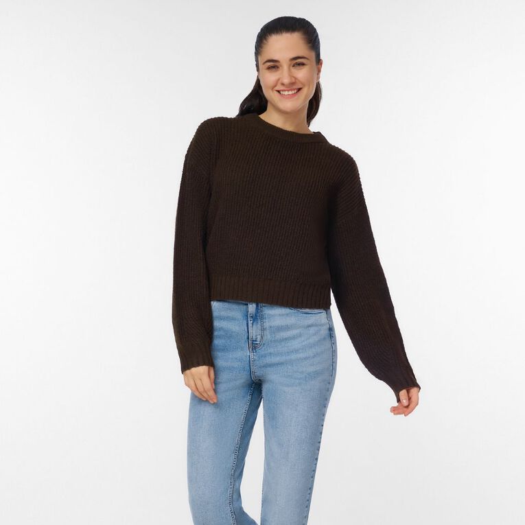 H&H Women's Billow Sleeve Crop Jumper, Brown Dark, hi-res