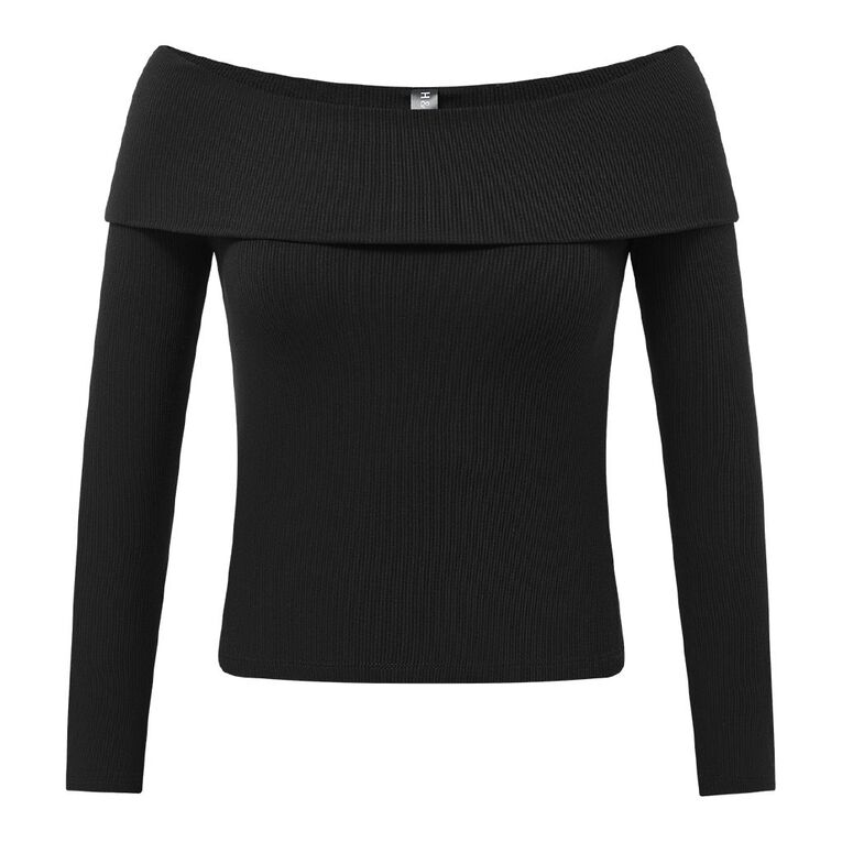 H&H Women's Long Sleeve Rib Bardot Top, Black, hi-res