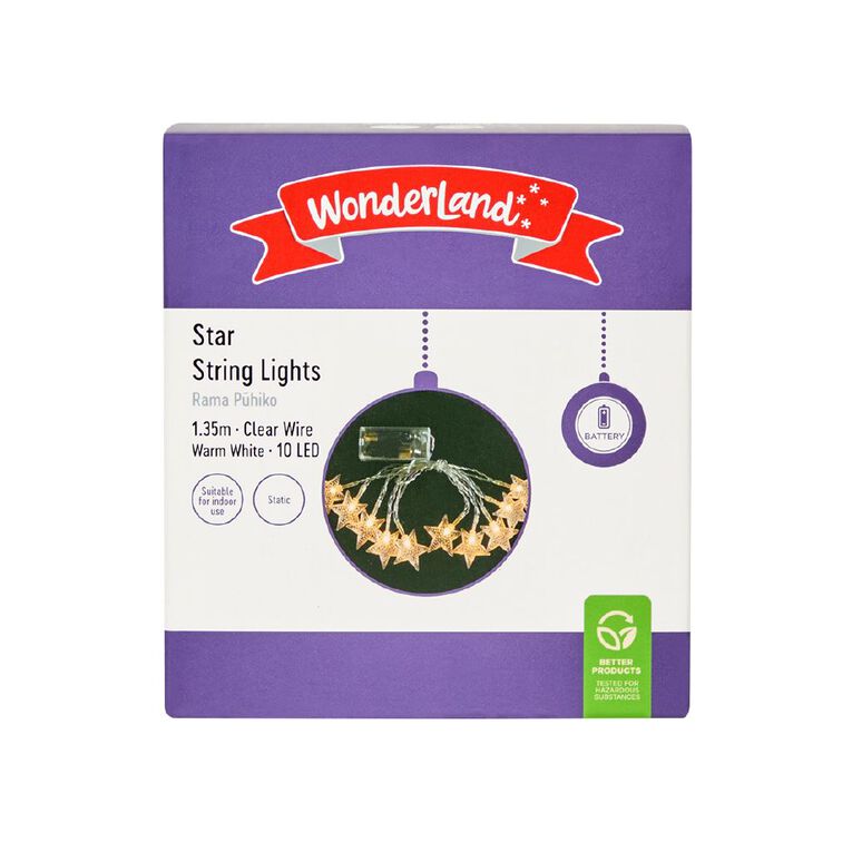 Wonderland Battery Star String Christmas Lights Warm White 1.35m, , hi-res