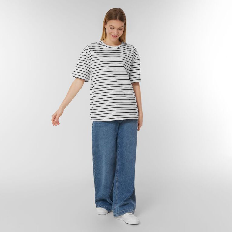 H&H Women's Short Sleeve Boxy Stripe Tee, White/Navy, hi-res