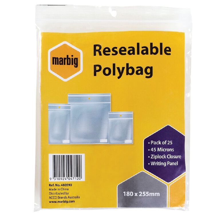 Marbig Resealable Polybags 180x255mm W/Writing Panel 25 Pack, , hi-res