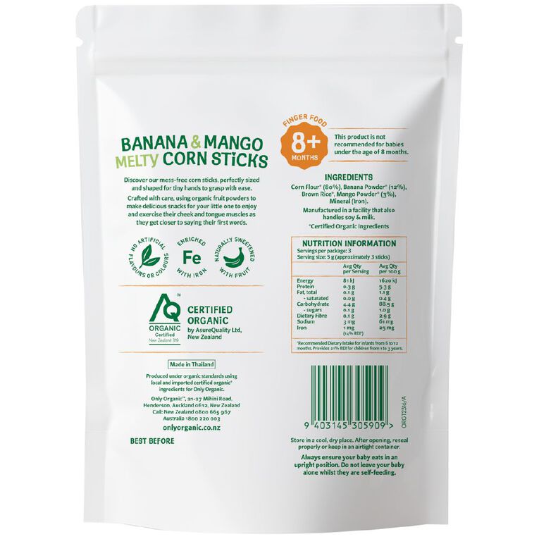 Only Organic Banana & Mango Melty Corn Sticks 8+ Months, , hi-res