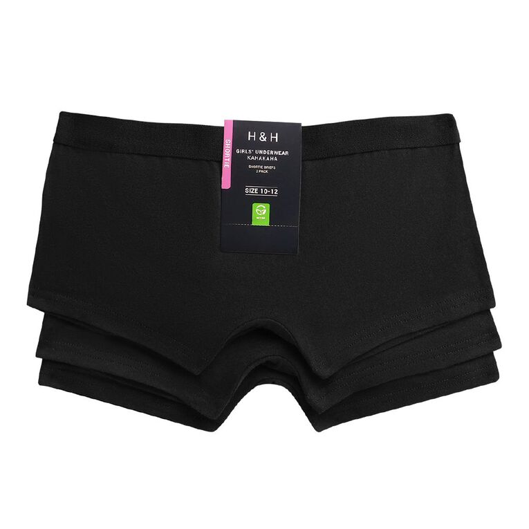 H&H Girls' Essentials Shortie Briefs 3 Pack, Black, hi-res