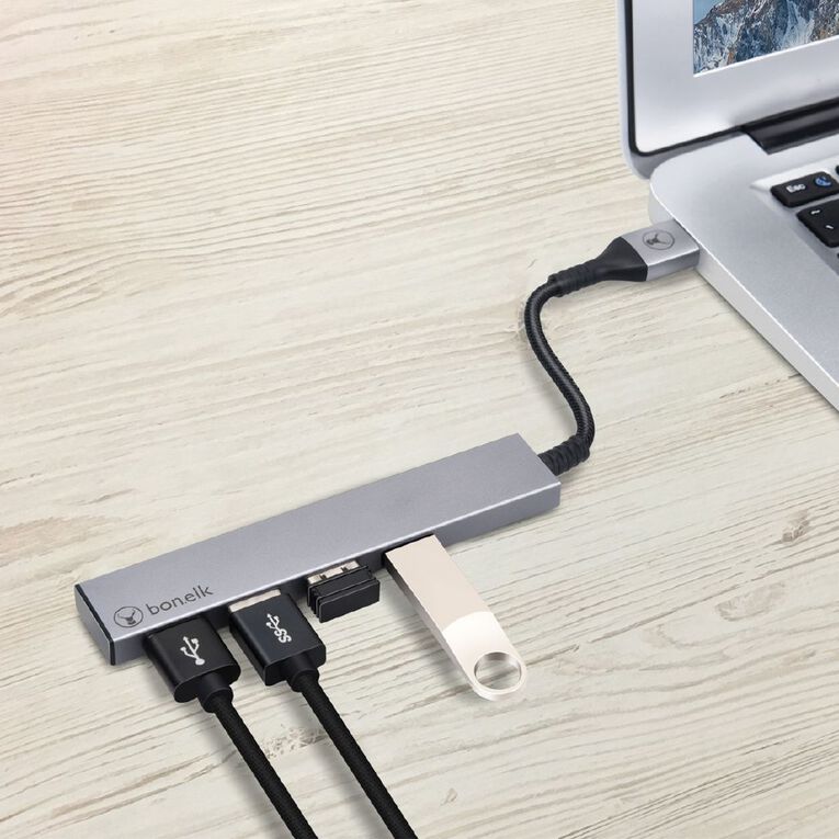 Bonelk Long Life USB A to 4 Port USB 3.0 Slim Hub Space Grey Grey, , hi-res