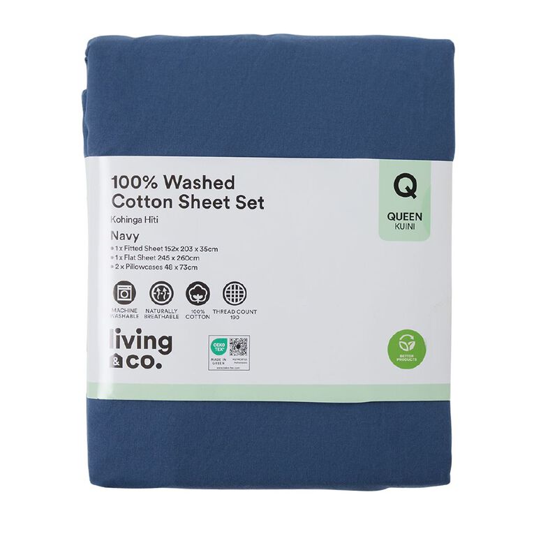 Living & Co 100% Washed Cotton Sheet Set Navy Queen, , hi-res