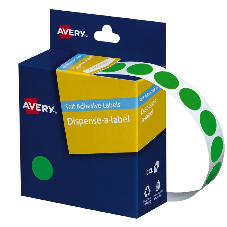 Avery Fluoro Green Dispenser Dot Stickers 14mm diameter 700 Labels, , hi-res