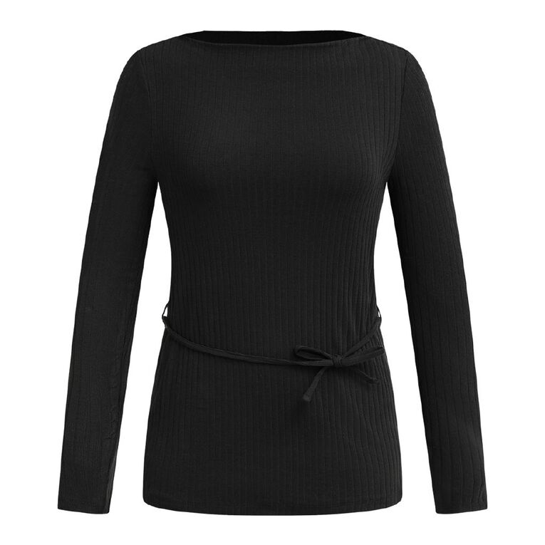H&H Women's Long Sleeve Ribbed Tie Waist Top, Black, hi-res