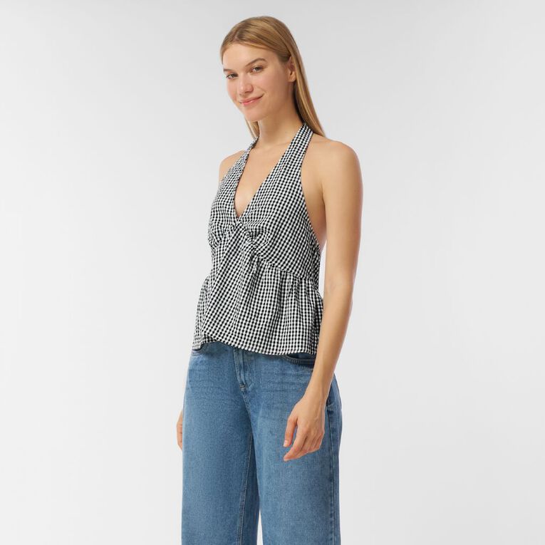 H&H Women's Tie Frill Halter Top, Black/White, hi-res