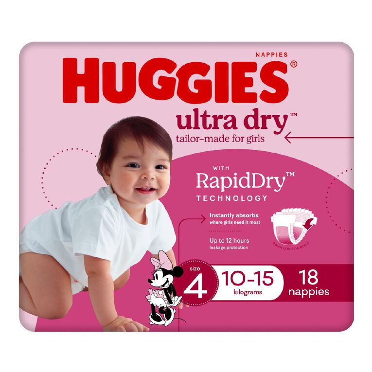 Huggies Girls' Convenience Nappy Toddler Size 4 10-15kg 18 Pack, , hi-res