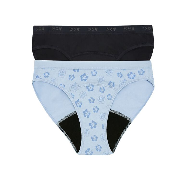 Love Luna Teen First Period Bikini Briefs 2 Pack, Black/Blue, hi-res