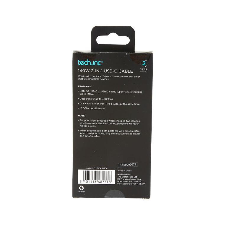 Tech.Inc 140W 2in1 USB-C Cable 1m Black, , hi-res