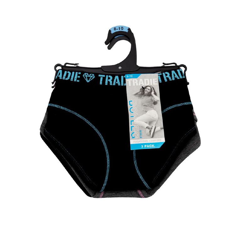 Tradie Girls' Boyleg Briefs 3 Pack, Black W26 RHYTHM, hi-res