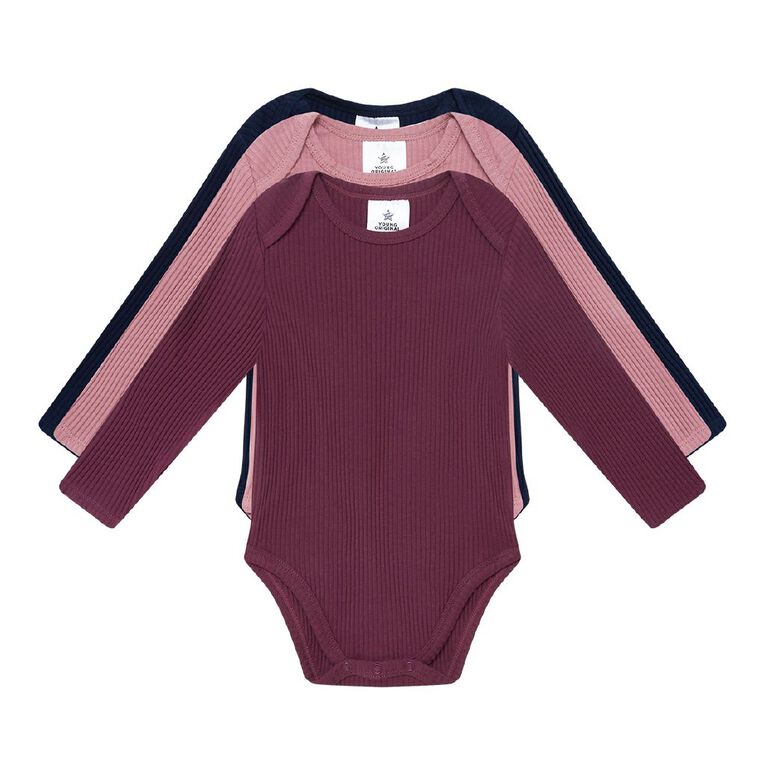 Young Original Babies' Long Sleeve Rib Bodysuit 3 Pack, Red Mid, hi-res