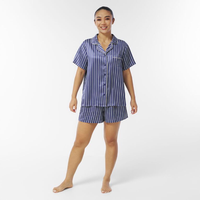 H&H Women's Satin Button Up Short Sleeve Pyjama Set, Blue Mid, hi-res