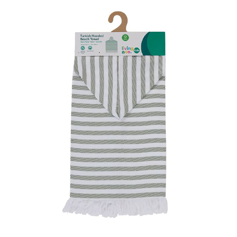 Living & Co Turkish Hooded Beach Towel Stripes Sage 60cm x 120cm, , hi-res
