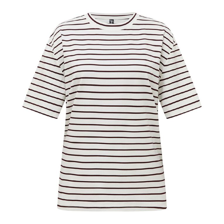 H&H Women's Short Sleeve Boxy Stripe Tee, Red Mid, hi-res