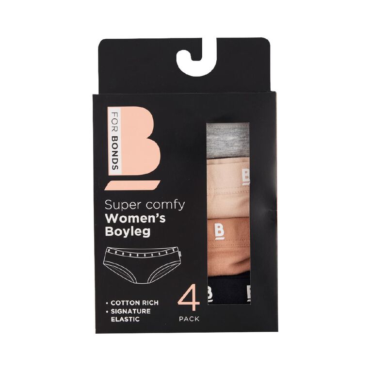 B FOR BONDS Women's Boyleg Briefs 4 Pack, Black B FOR BONDS Women's Boyleg Briefs 4 Pack, Black, hi-res