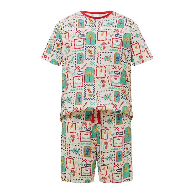 H&H Men's Family Christmas Tee and Shorts Pyjama Set, Cream, hi-res