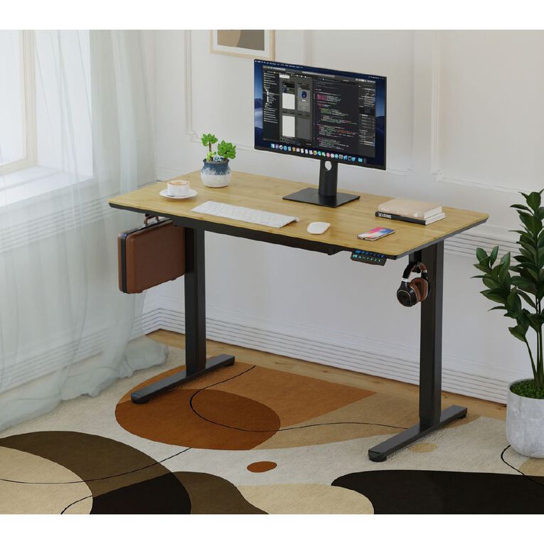 Workspace Height Adjustable Desk 1200W with Drawer Bamboo, , hi-res