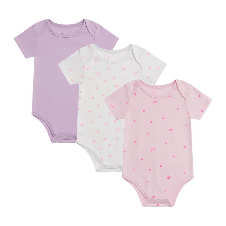 Young Original Babies' Short Sleeve Printed Bodysuit 3 Pack, White, hi-res