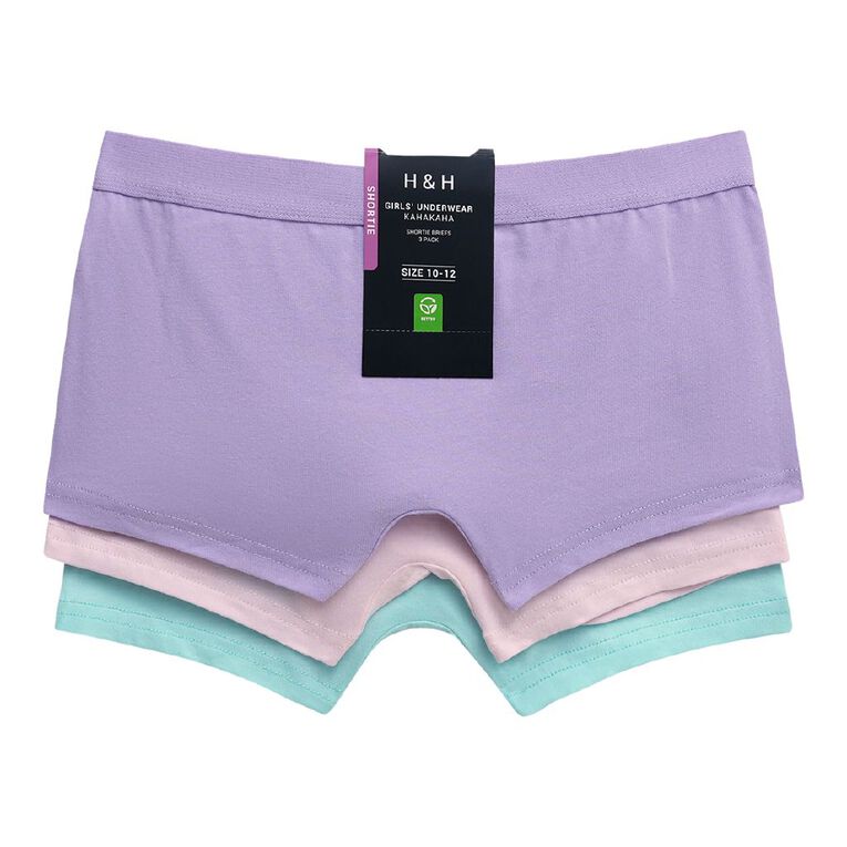 H&H Girls' Essentials Shortie Briefs 3 Pack, Purple Mid, hi-res