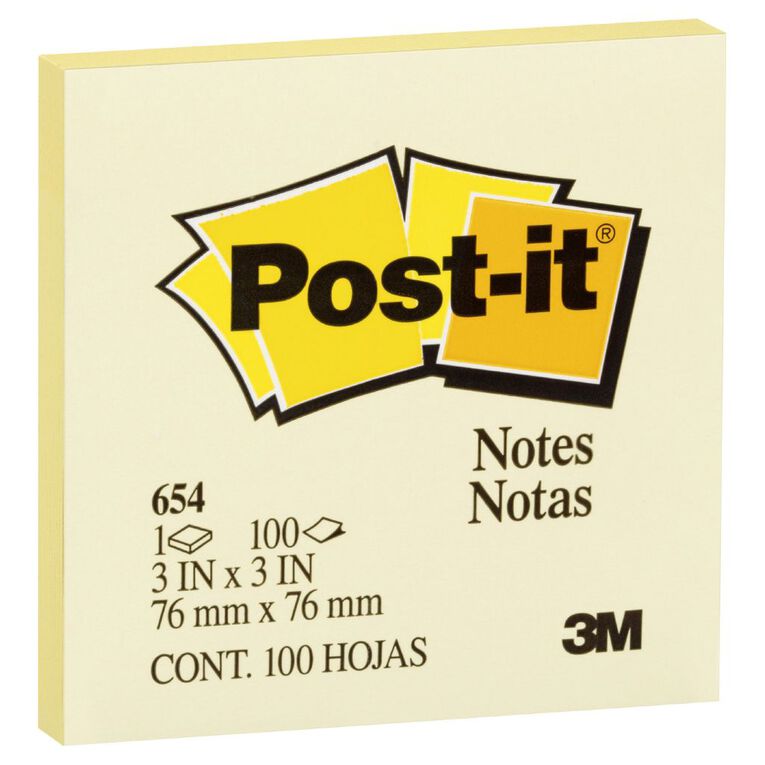 Post-It Notes 654 76mm x 76mm 100 Sheets Yellow Mid, , hi-res