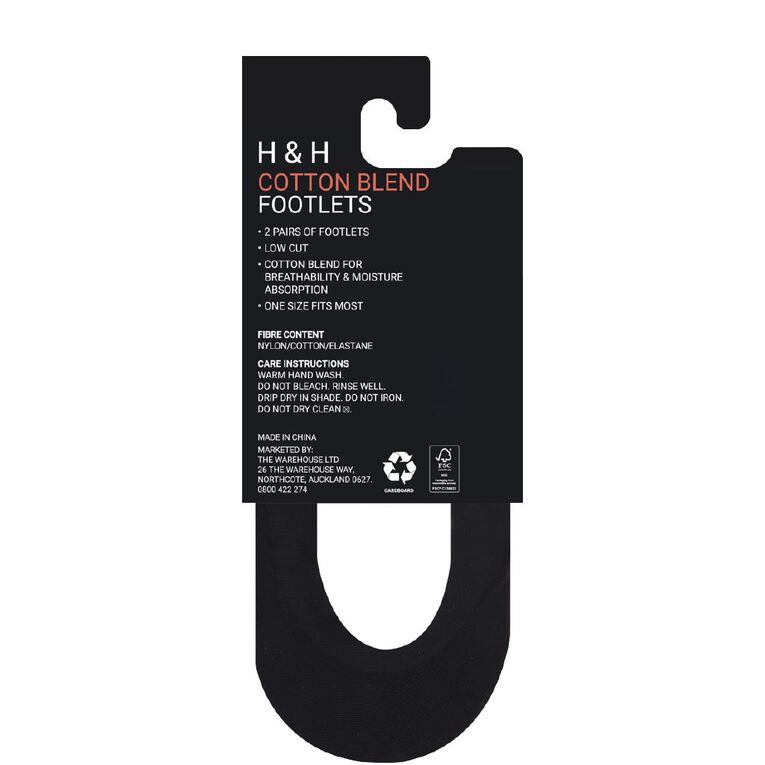H&H Women's Cotton Blend Footlets 2 Pack, Black, hi-res