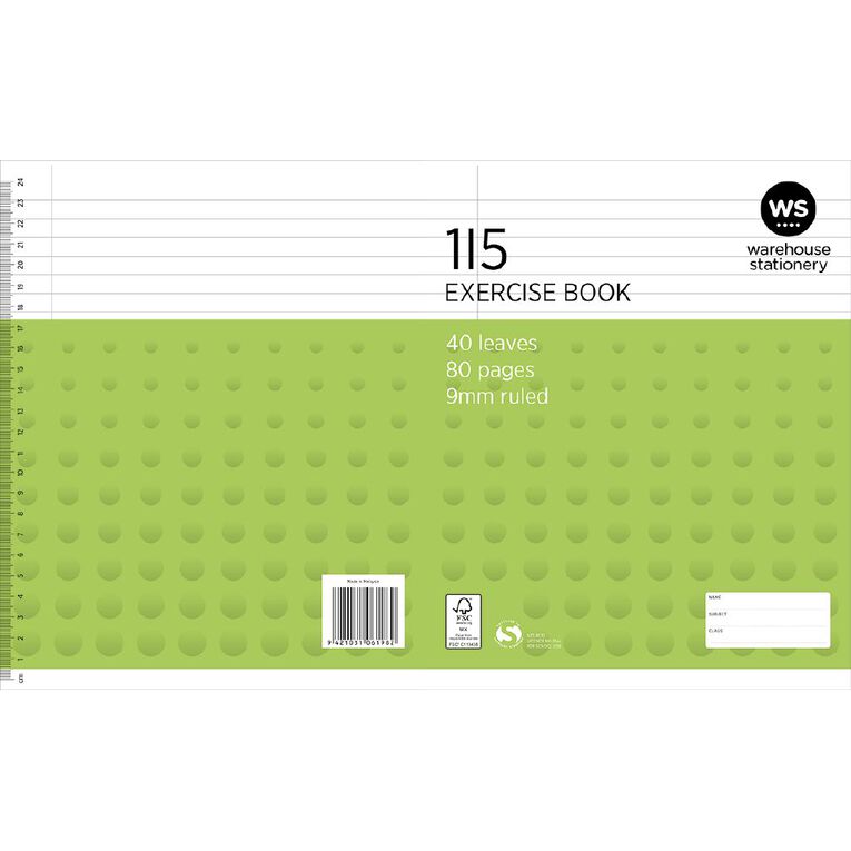 WS Exercise Book 1I5 9mm Ruled 40 Leaf Green, , hi-res