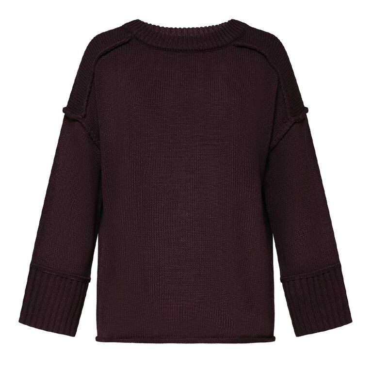H&H Women's Long Chunky Knit With Contrast Stitch, Purple Dark, hi-res