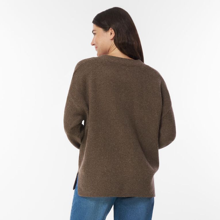 H&H Women's Relaxed V Neck Jumper, Brown Dark, hi-res