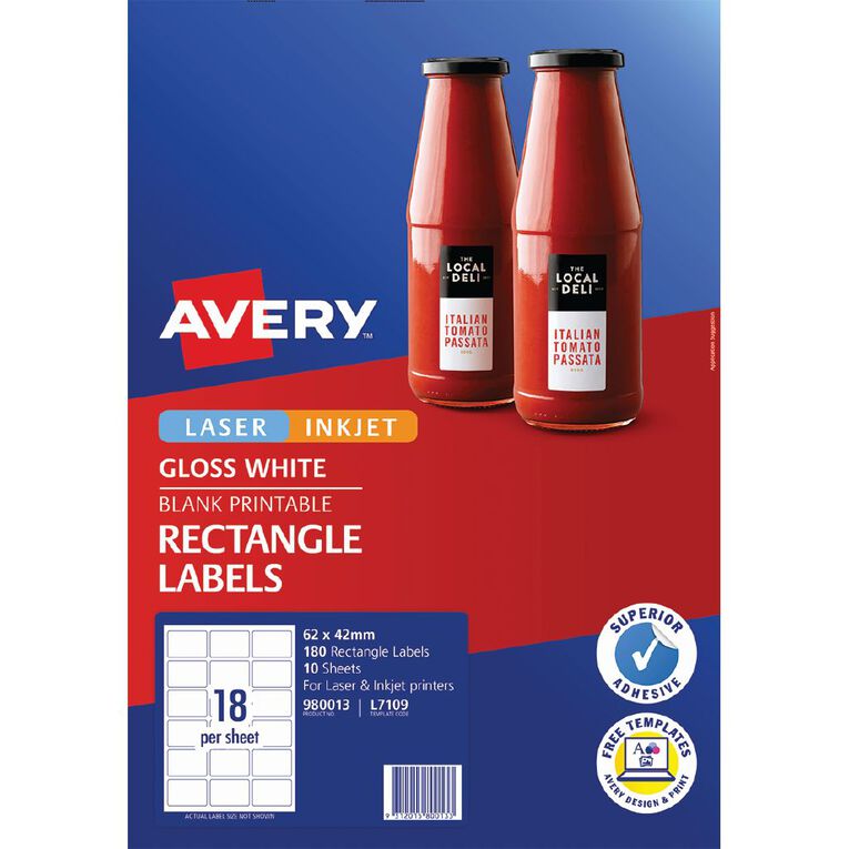 Avery Rectangular Glossy Labels White 10 Pack 180 labels, , hi-res