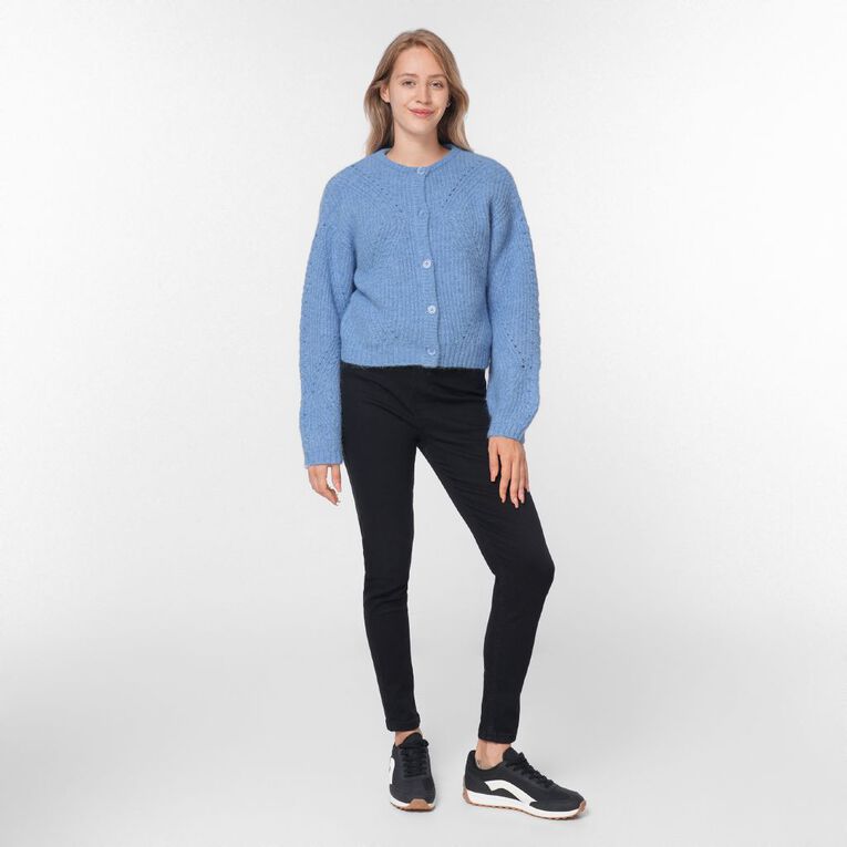 H&H Women's Fluffy Pointelle Knit Cardigan, Blue Light, hi-res