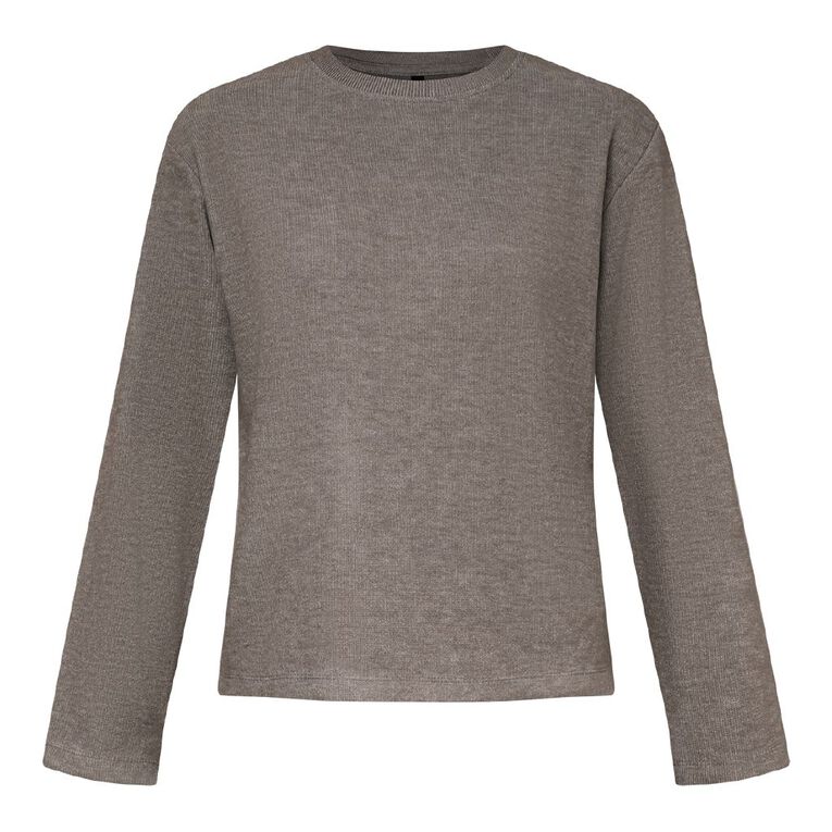 H&H Women's Long Sleeve Brushed Crew Neck Top, Grey Mid, hi-res