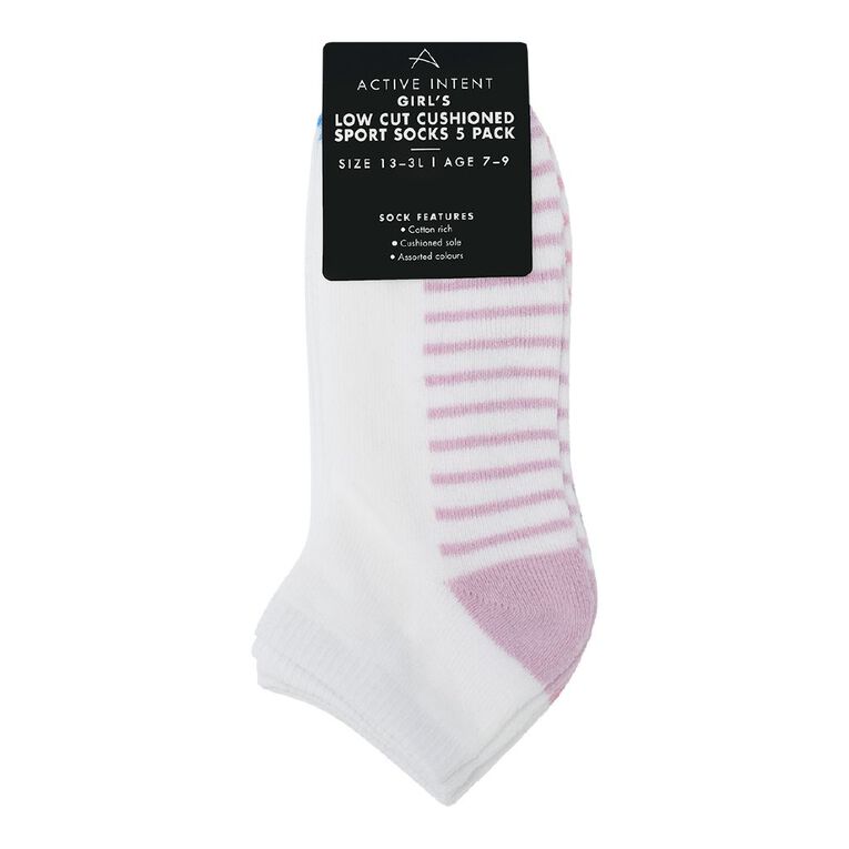 Active Intent Girls' Low Crew Cushioned Socks 5 Pack, White, hi-res