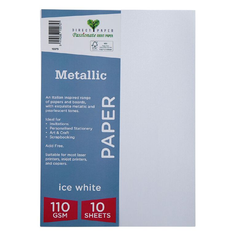 Direct Paper Metallic 110gsm Ice White A4 10 Pack, , hi-res