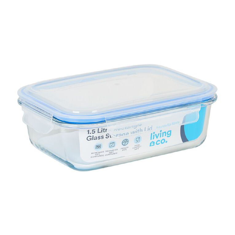 Living & Co Rectangle Glass Storage with Clip On Lid 1.5L Clear, , hi-res