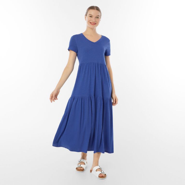 H&H Women's Cotton Slub Tiered Midi Dress, Blue Mid, hi-res